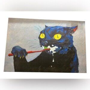 NEW framed canvas art print 16x24 inches cat brushing teeth